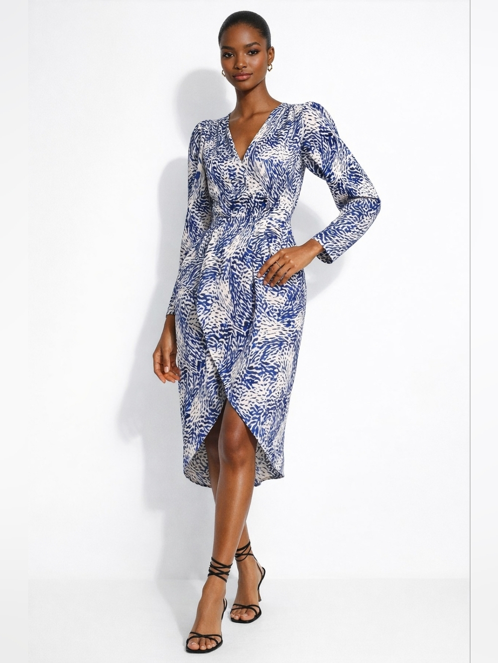 Express Blue White Print Dress Puff Sleeve Dynasty Chic XXS